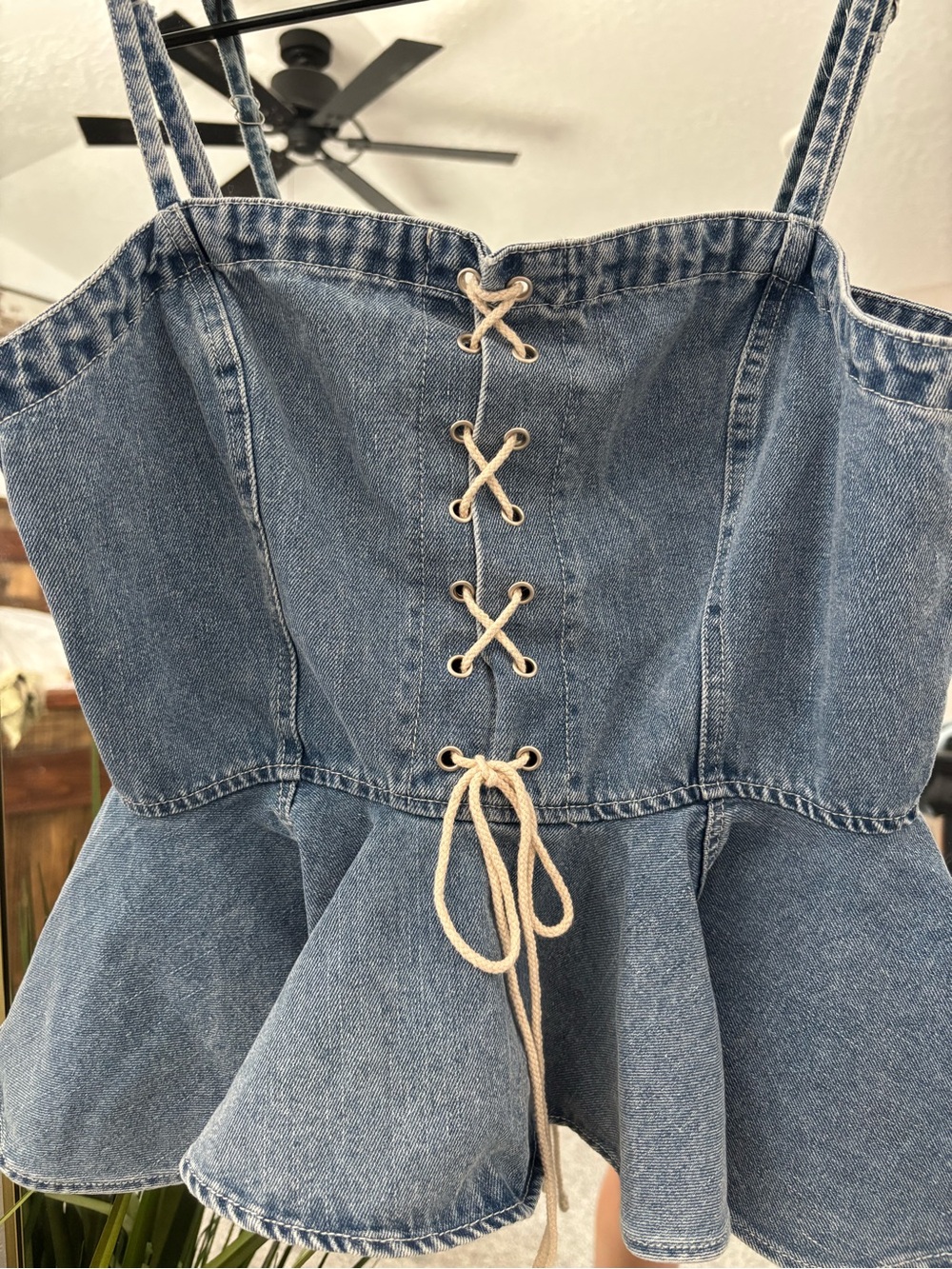 Denim Lace-Up Peplum Tank Top - Blue